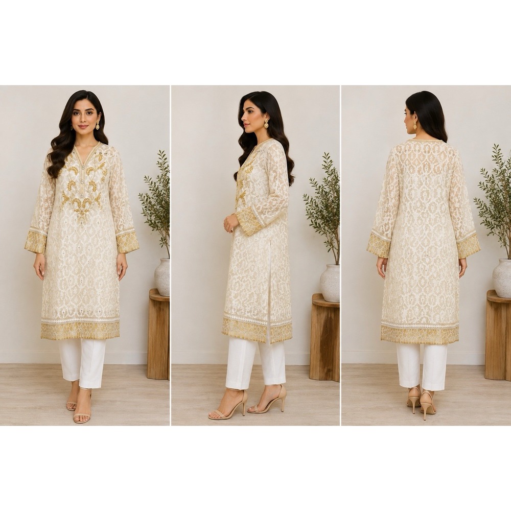 Deepak Perwani Women's Kurta Size L Ivory Gold Embroidered Pakistani Tunic A31